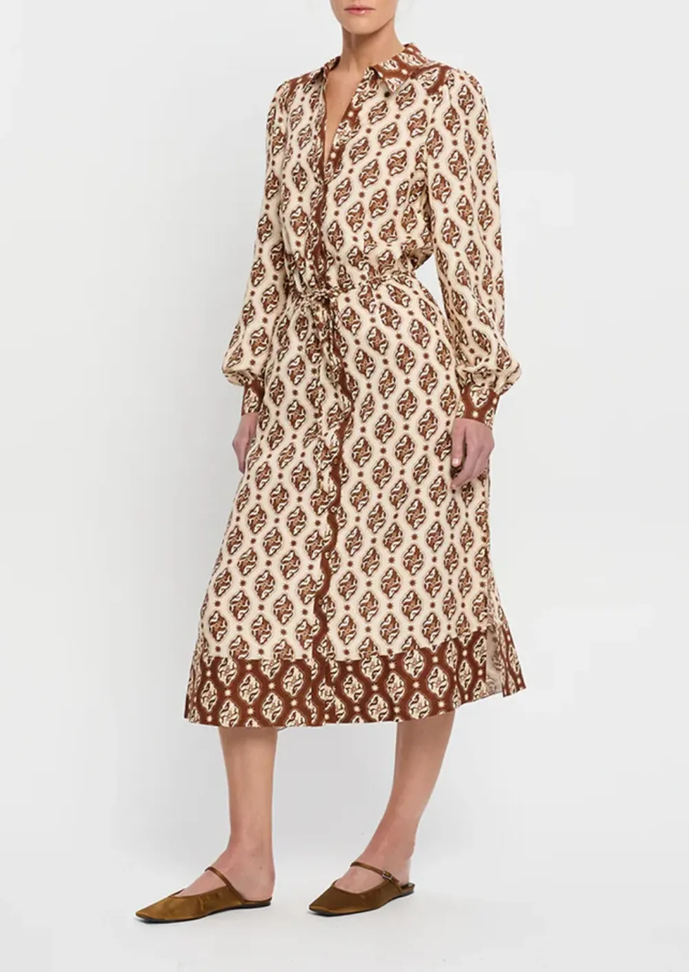 Patterned Long Sleeved Midi Dress