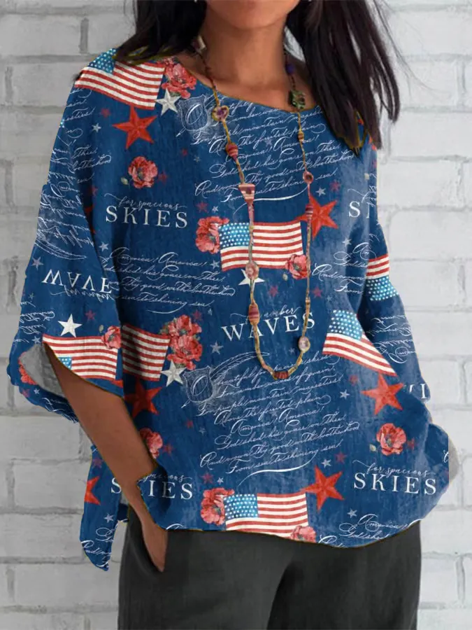 Women'S Stars And Stripes And Letter Prints Long-Sleeved Round-Neck Shirt