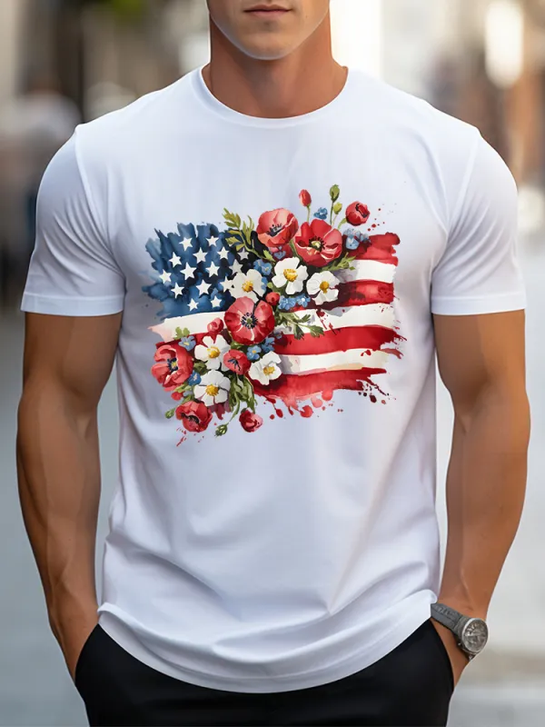 Men's Independence Day Flowers Round-Neck Short-Sleeved T-Shirt