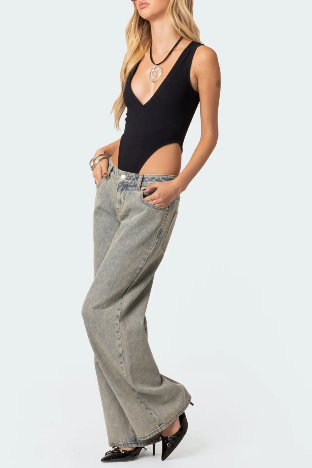 Balck High Cut Ribbed V Neck Bodysuit