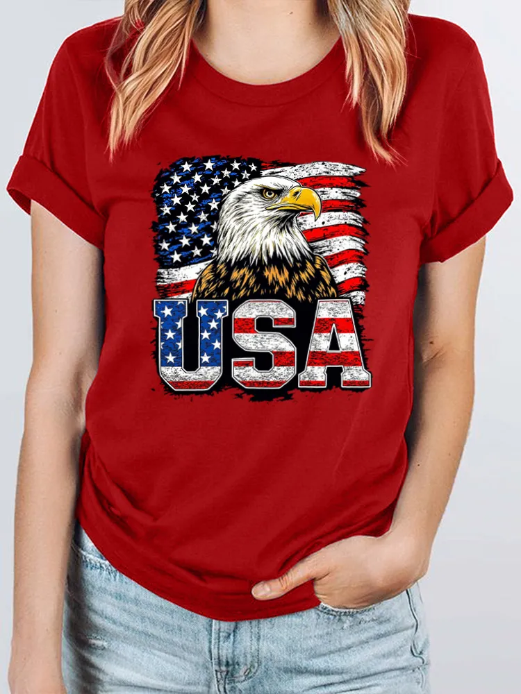USA Print Round-Neck Short-Sleeved T-Shirt