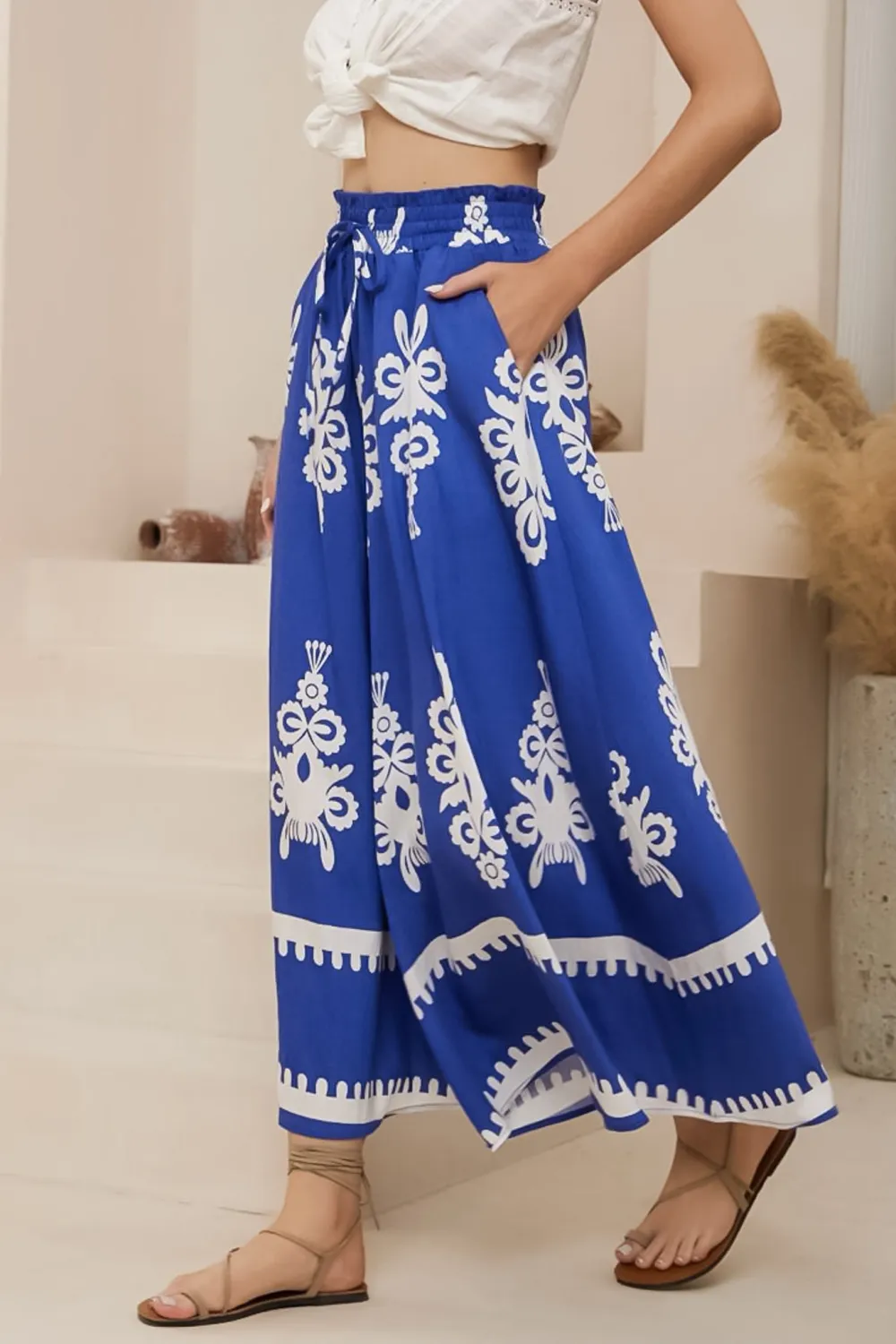 Blue Patterned High Waist Wide Leg Pants