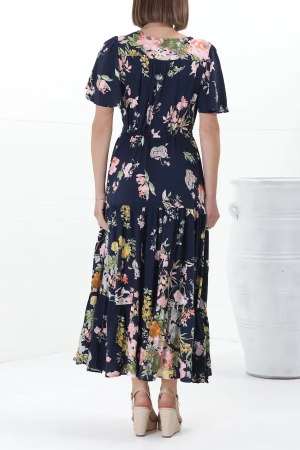 Navy Blue Floral Print Flutter Sleeve Maxi  Dress