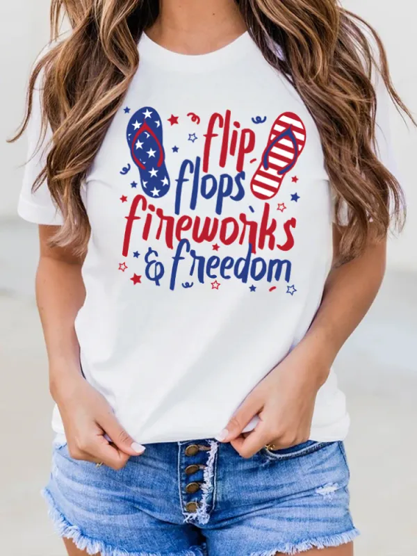 Flip Flops Fireworks Freedom Print Round-Neck Short-Sleeved T-Shirt