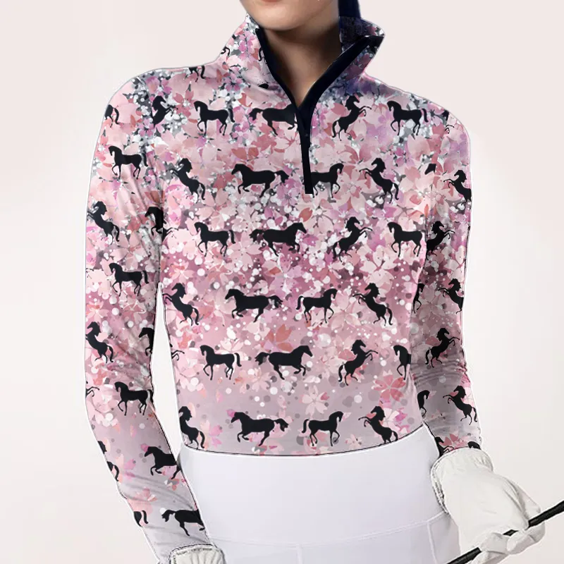 Four Seasons Women's Equestrian Style Horse Print Long Sleeve Casual Shirt