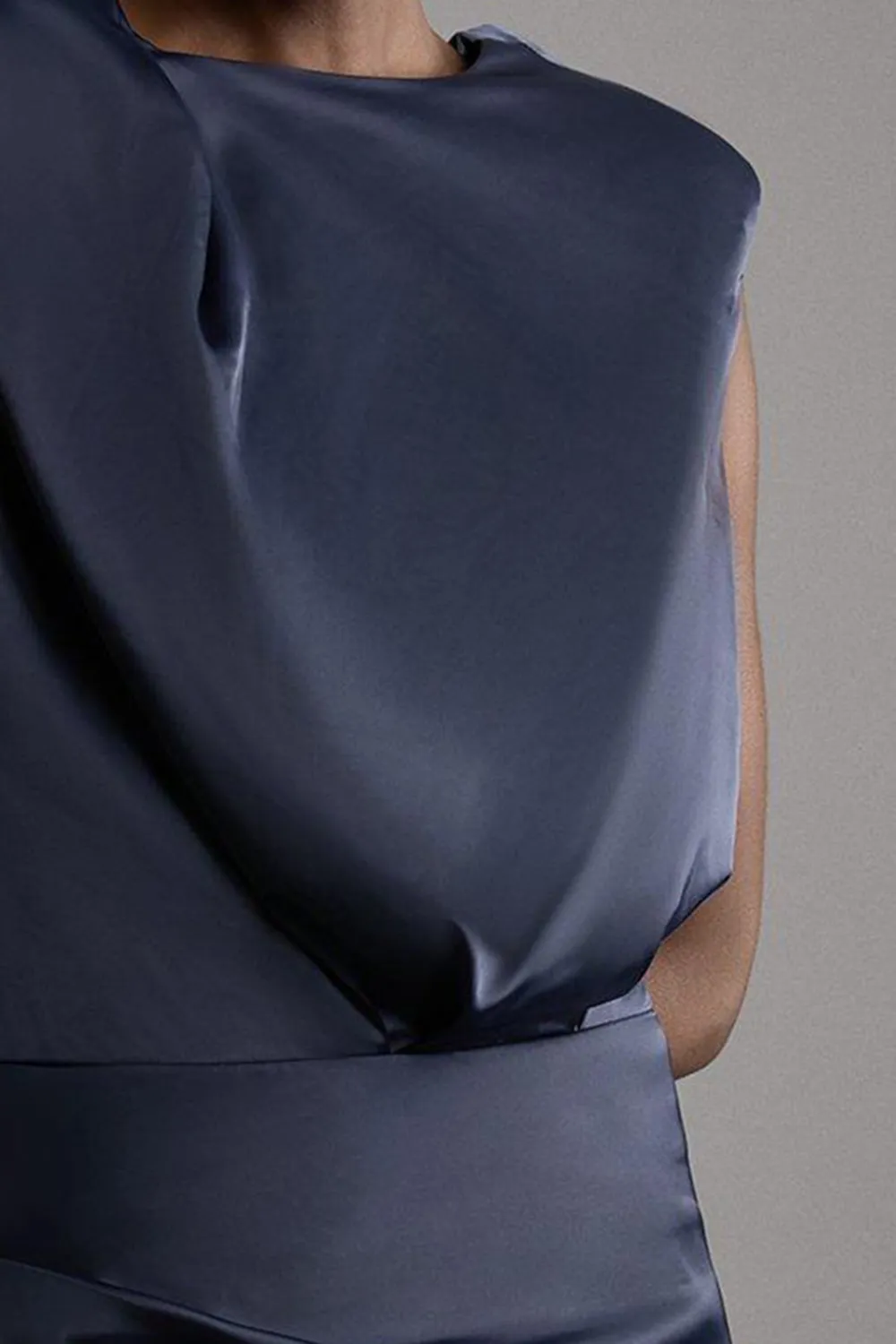 High Neck Sleeveless Satin Drape Woven Midaxi Dress