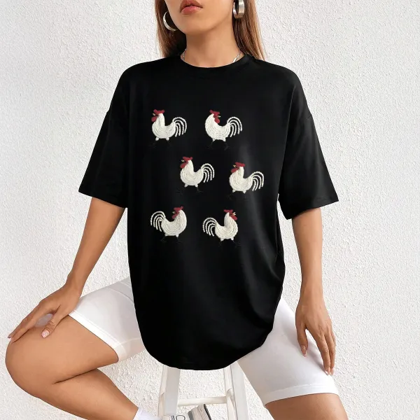 T-Shirt Animals Chicken Women Printed Round Neck Short Sleeve
