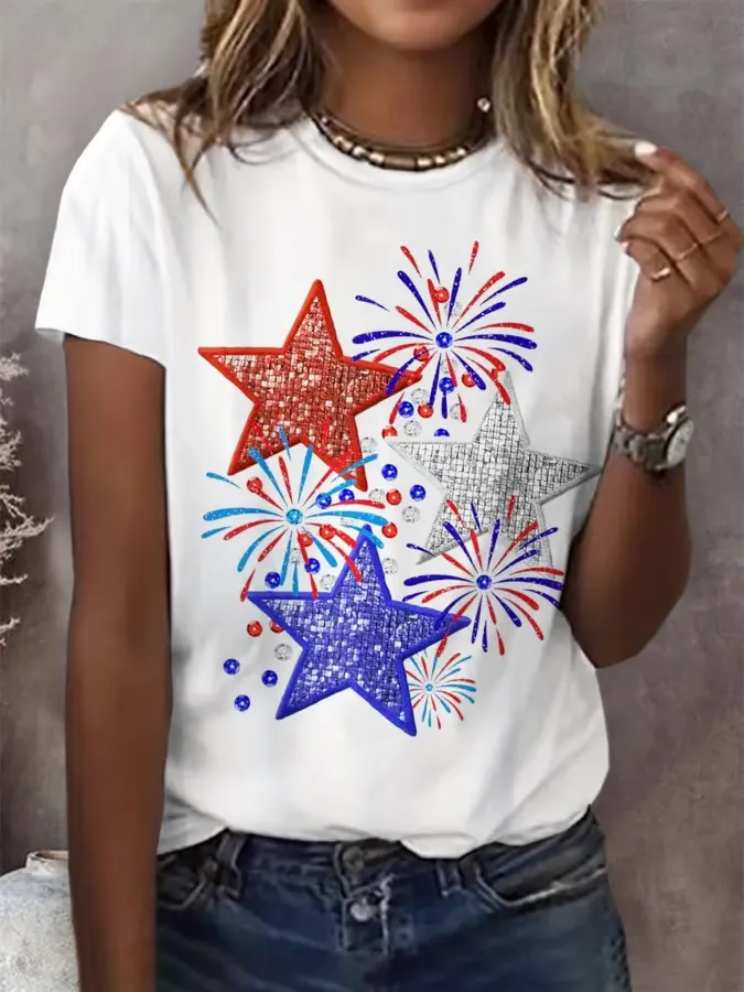 Woman'S Sequin Star Print Round-Neck Short-Sleeve T-Shirt