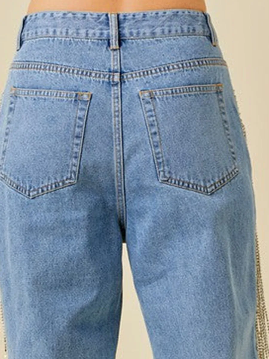 Side Sequin Fringe Jeans