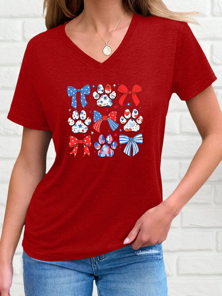 Woman'S Independence Day Puppy Paw Print Bow Tie T-Shirt With V-Neck Short Sleeve