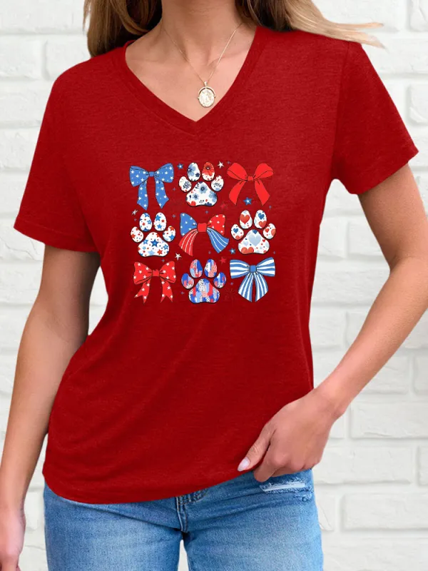 Woman'S Independence Day Puppy Paw Print Bow Tie T-Shirt With V-Neck Short Sleeve