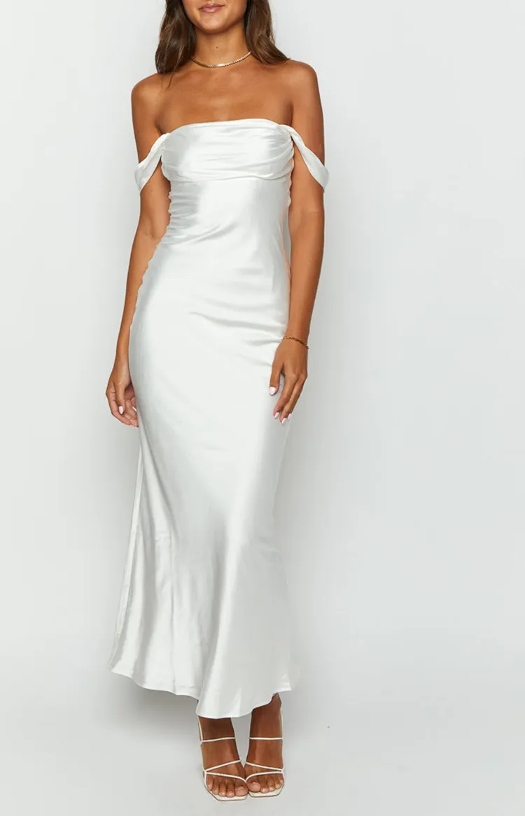 Off Shoulder White Satin Evening Gown Formal Dresses