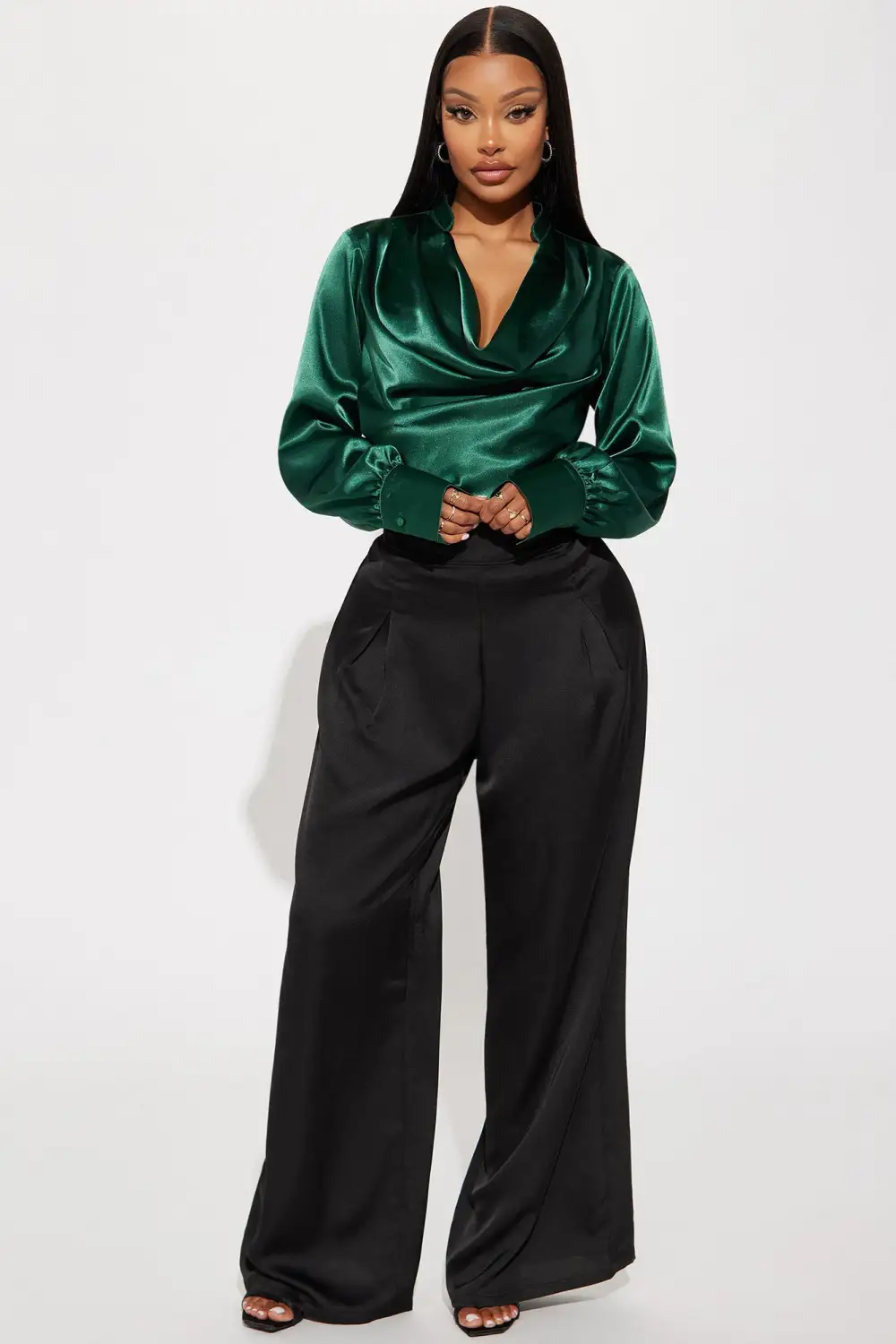 Look My Way Satin Blouse Top - Hunter