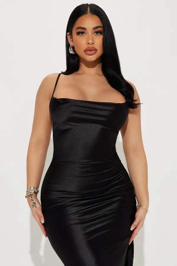 Andrea Satin Midi Dress - Black