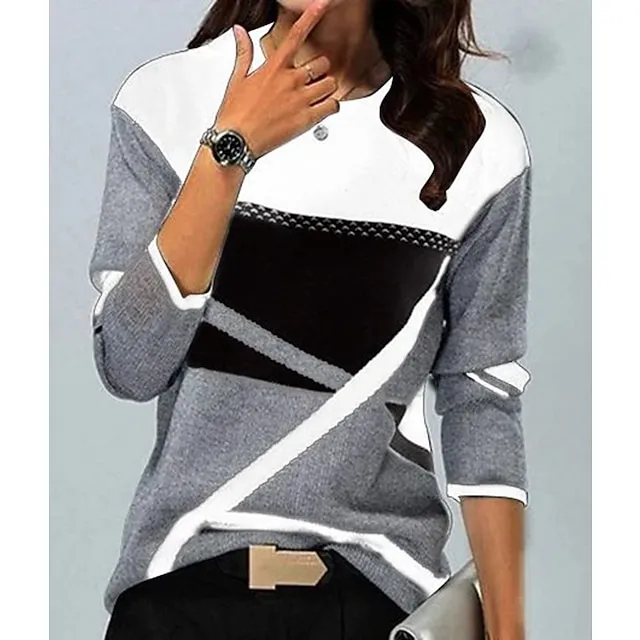 Women's Plus Size T shirt Tee Black Red Blue Color Block Print Long Sleeve Casual Weekend Basic Round Neck Regular Fit Painting Fall & Winter