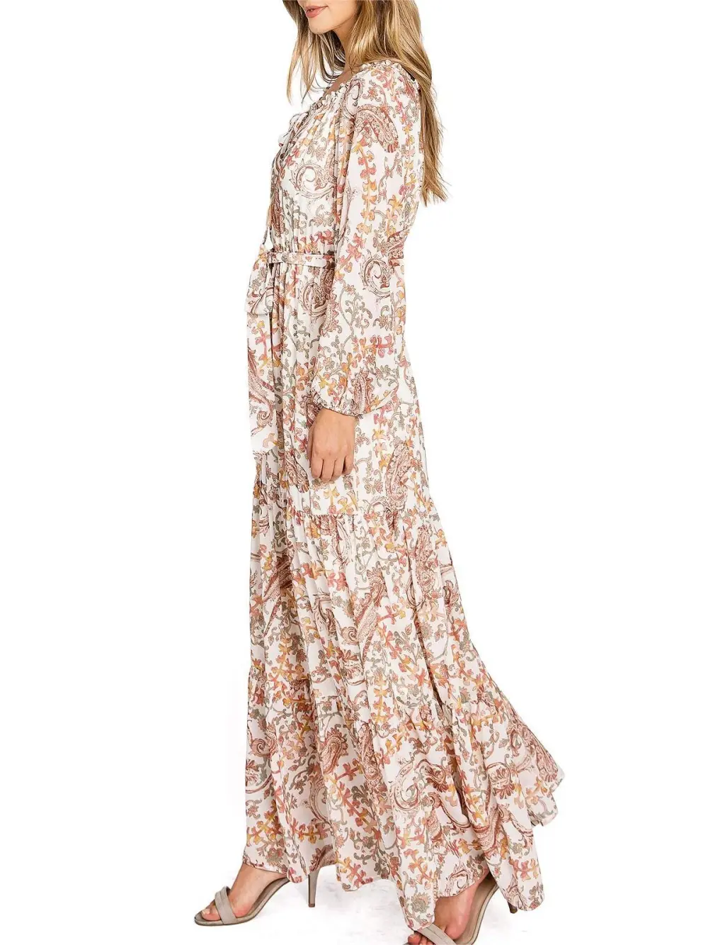 Beige Floral Long - Sleeve Maxi Dress