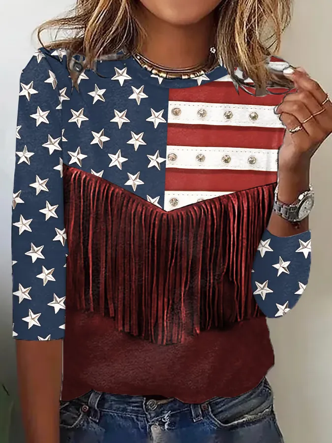 Women's Independence Day Fake Tassel Print Crew-Neck Long Sleeve T-Shirt