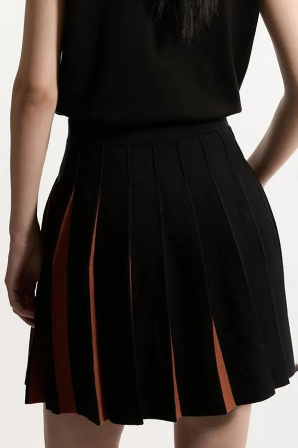 Pleated Wool Look Contrast Knit Mini Skirt