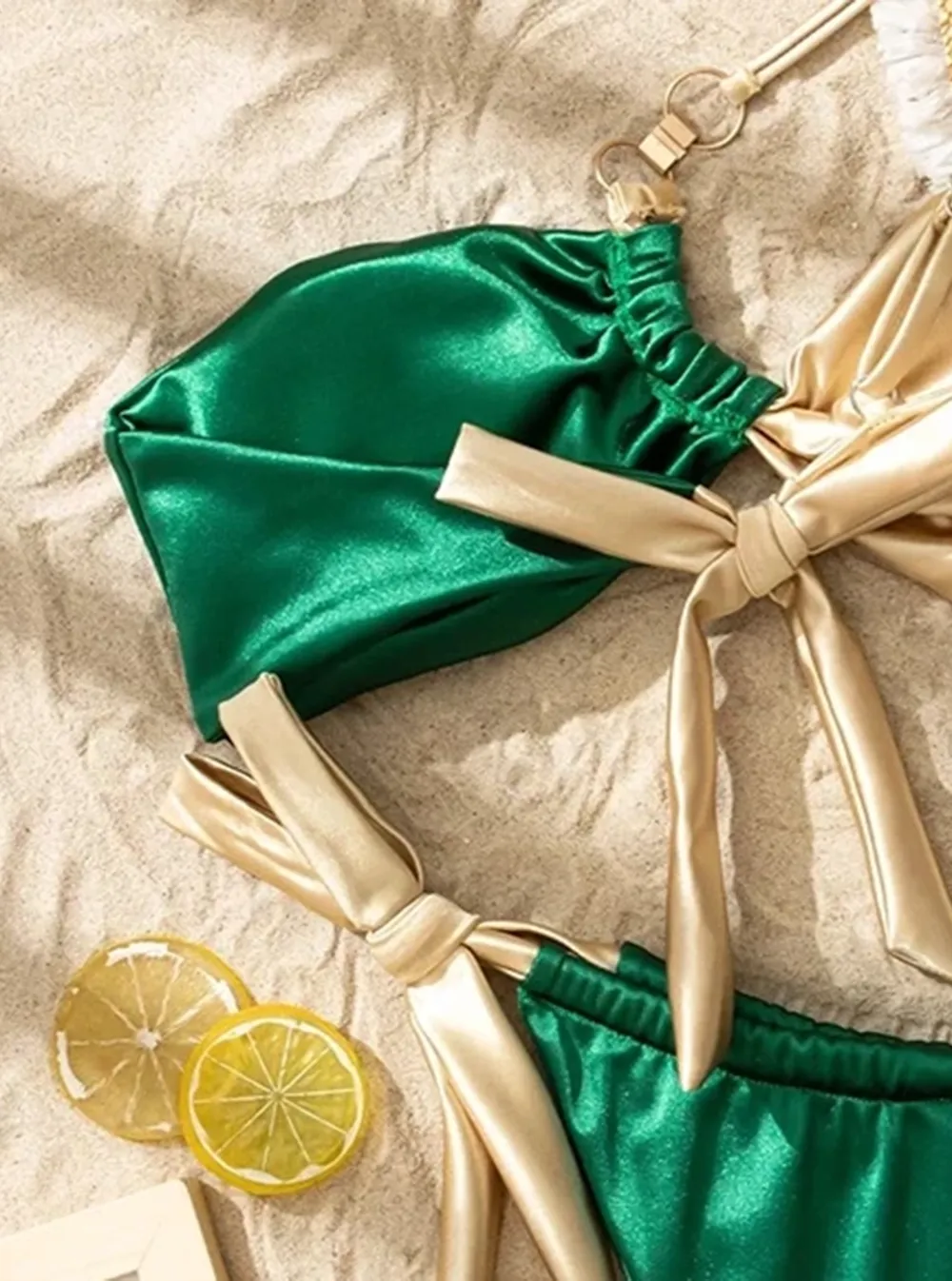 Satin Patchwork Color Separates Strappy Bikini