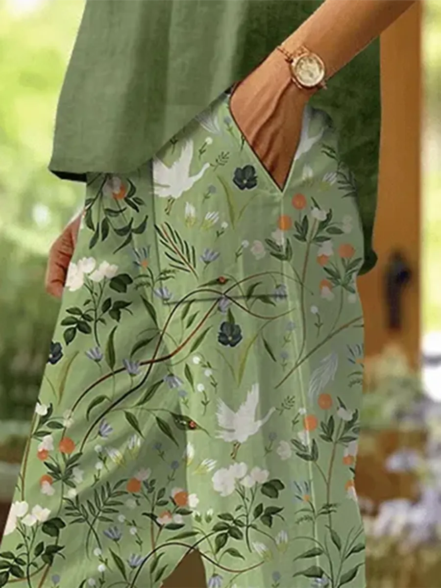 Women's Forest Floral Print Casual Pants (With Pockets)