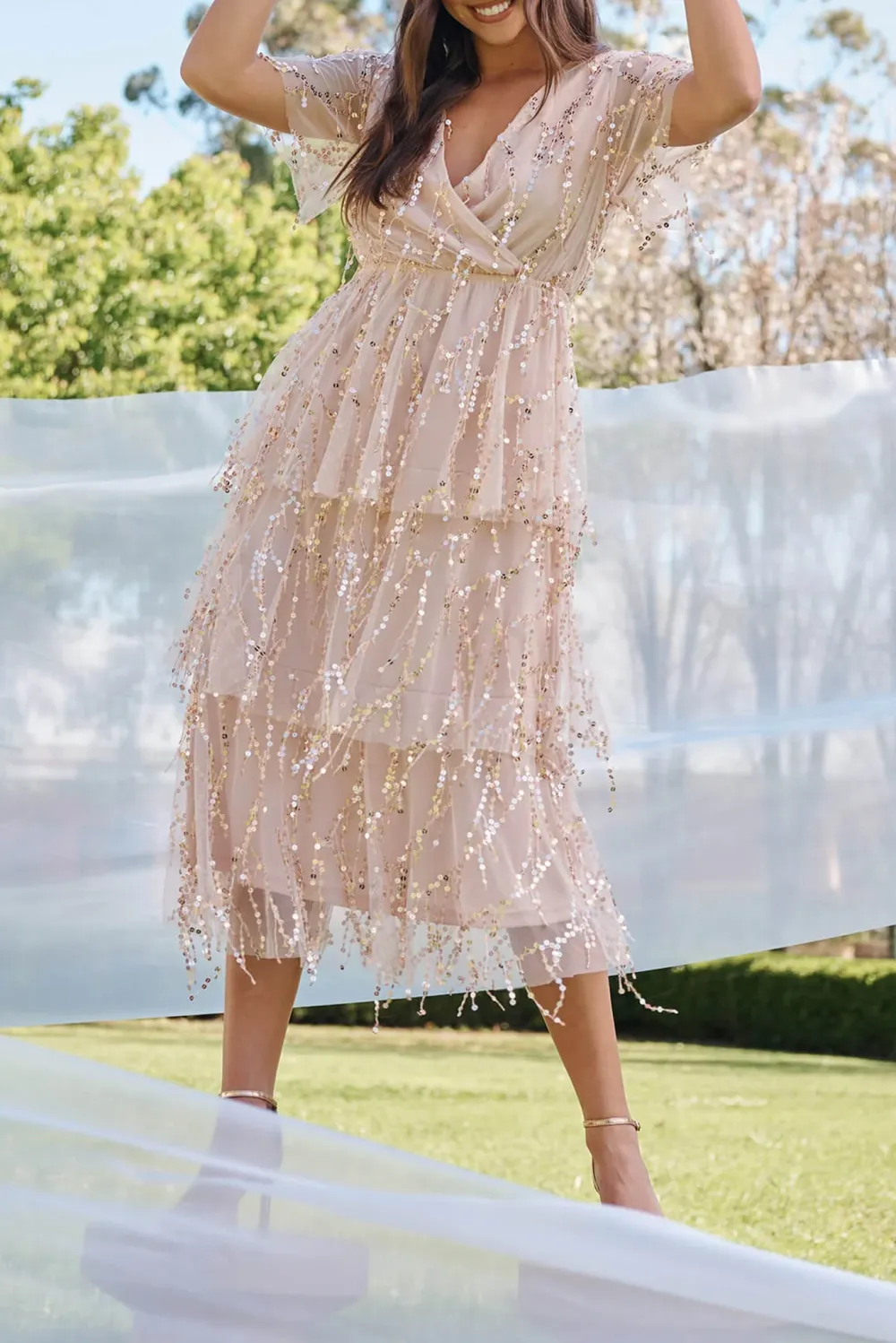 Light Pink Beaded Tiered Midi Dress