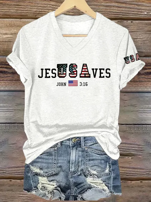 Woman'S Jes Usa Ves John 3:16 V-Neck Short-Sleeve T-Shirt