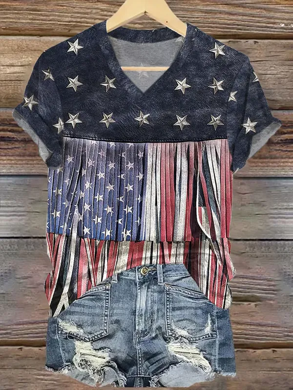 Woman'S Stars And Stripes Tassel Print Short-Sleeve V-Neck T-Shirt