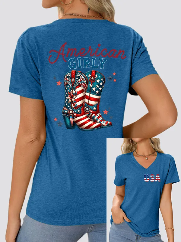 Woman'S America Girly V-Neck And Short Sleeves T-shirt