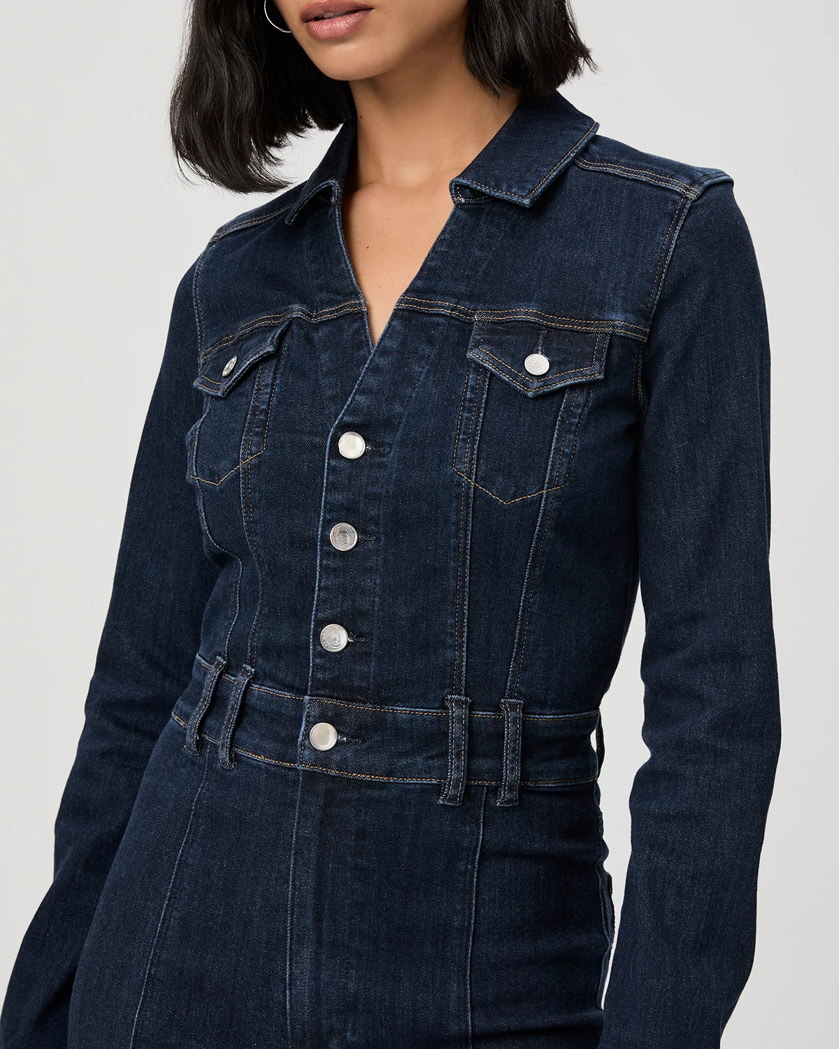 Dark Blue Denim Long Sleeve Jumpsuit