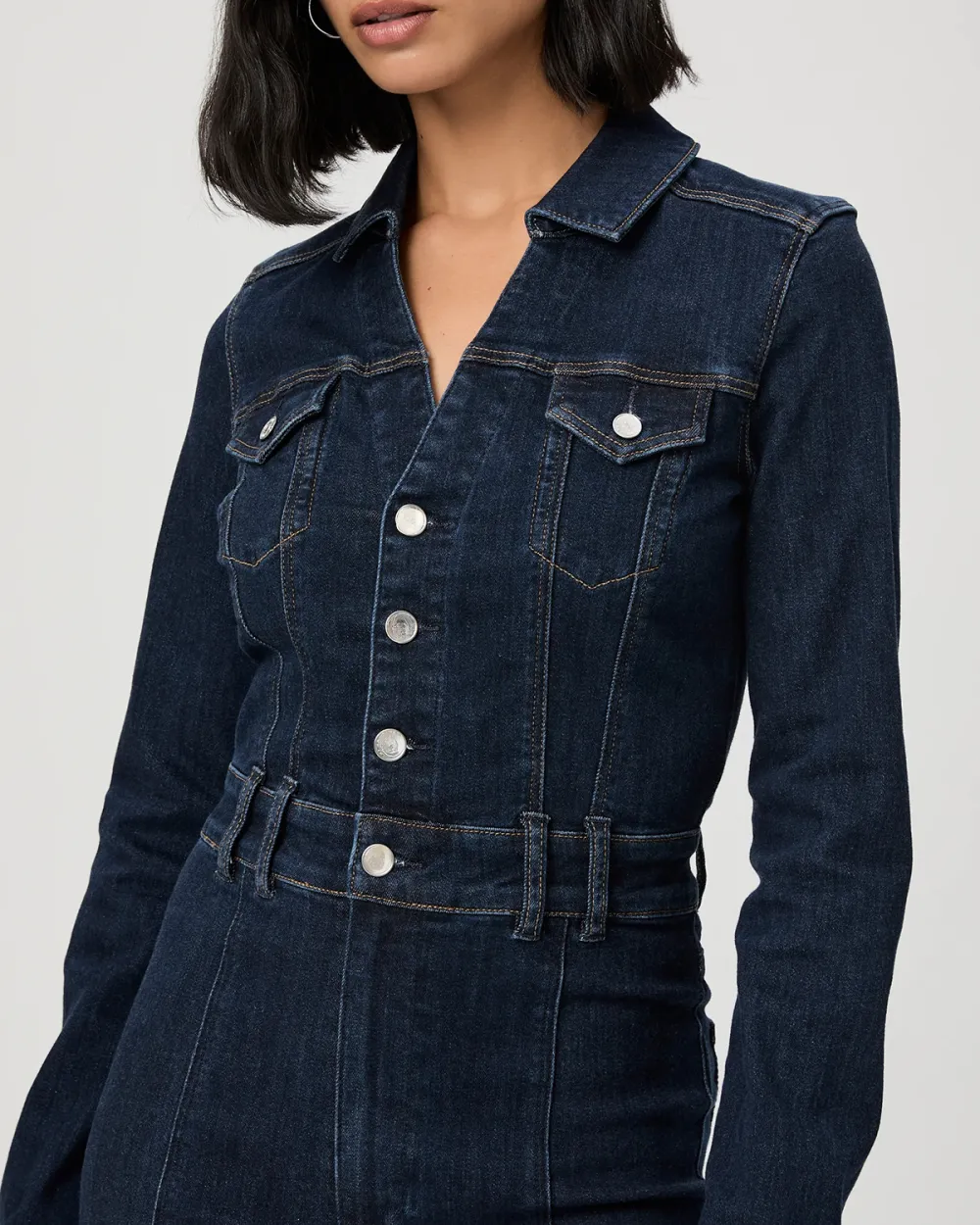 Dark Blue Denim Long Sleeve Jumpsuit