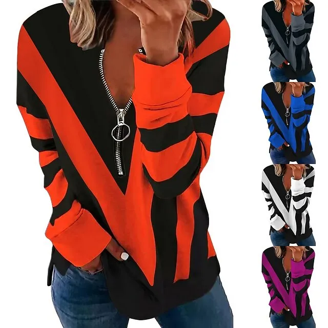 Women's Sweatshirt Pullover Color Block Abstract Streetwear Basic Zipper White Blue Purple Casual V Neck Long Sleeve Spring &  Fall Fall & Winter