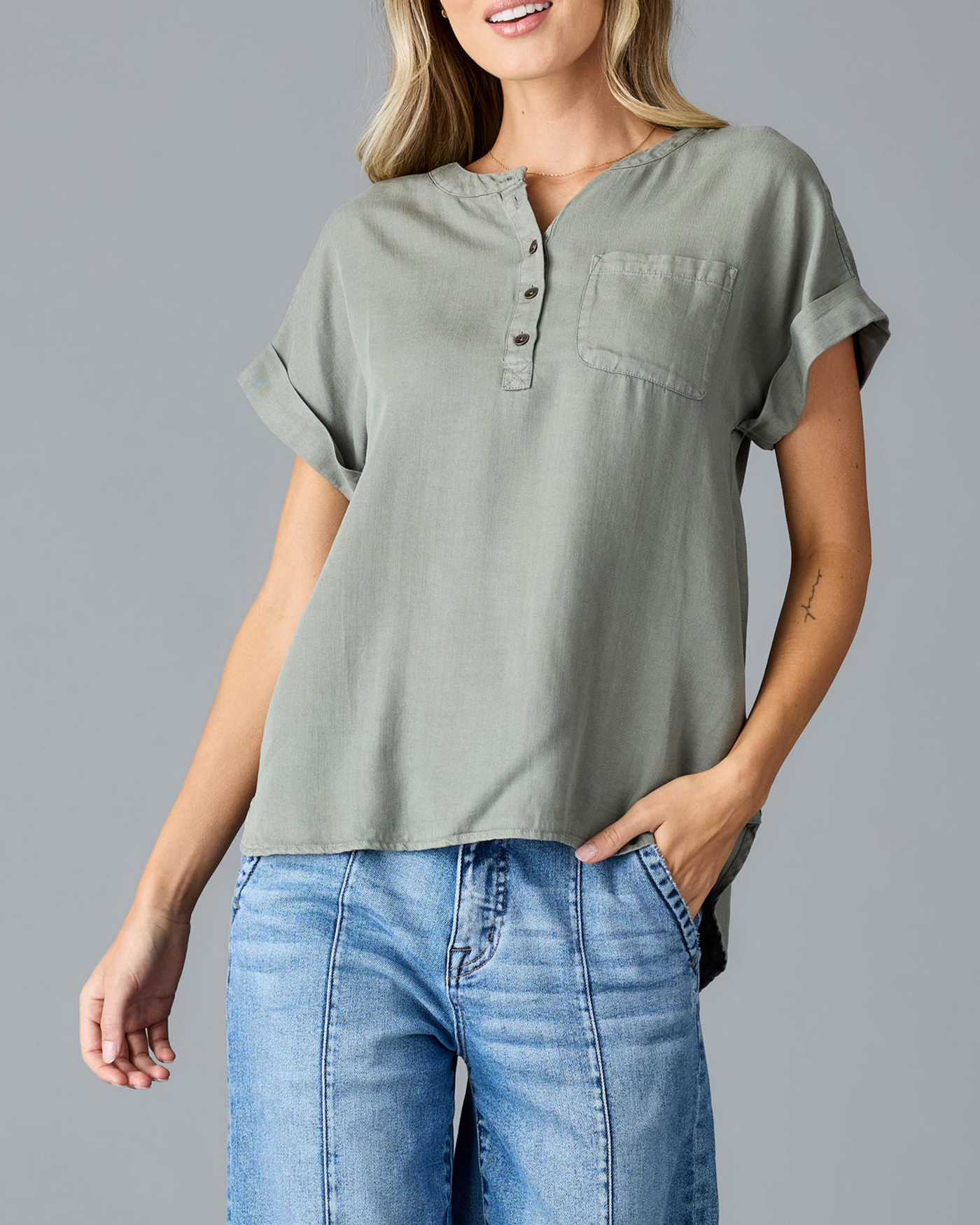 Relaxed Fit Sage Green Henley Shirt