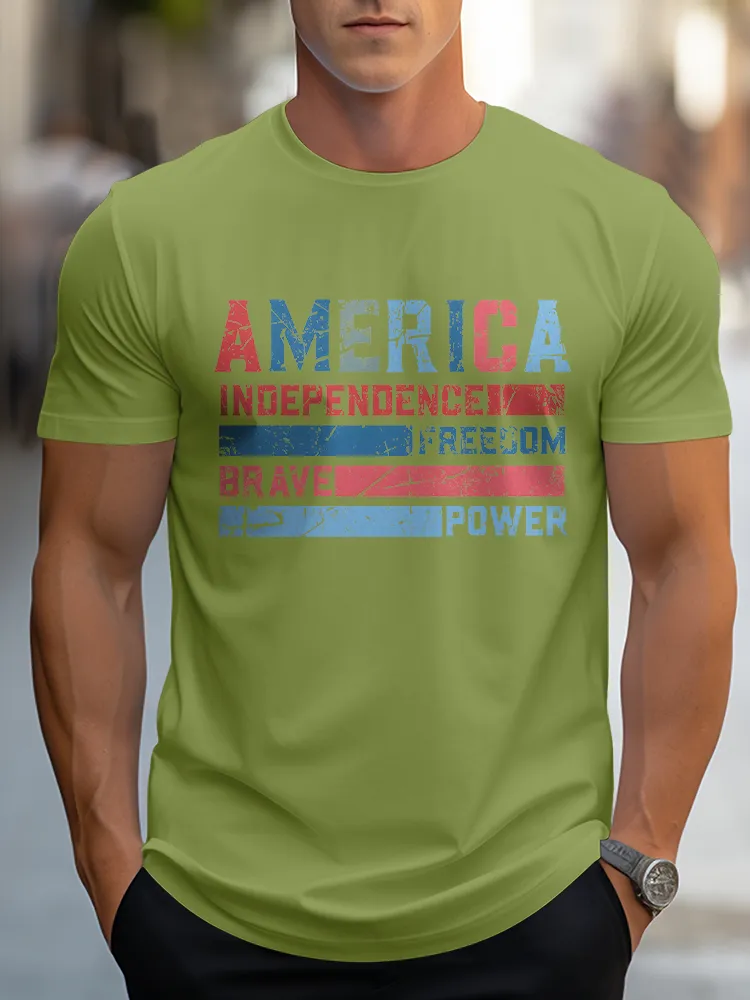 Man'S America Independence Freedom Brave Power Round-Neck Short-Sleeved T-Shirt