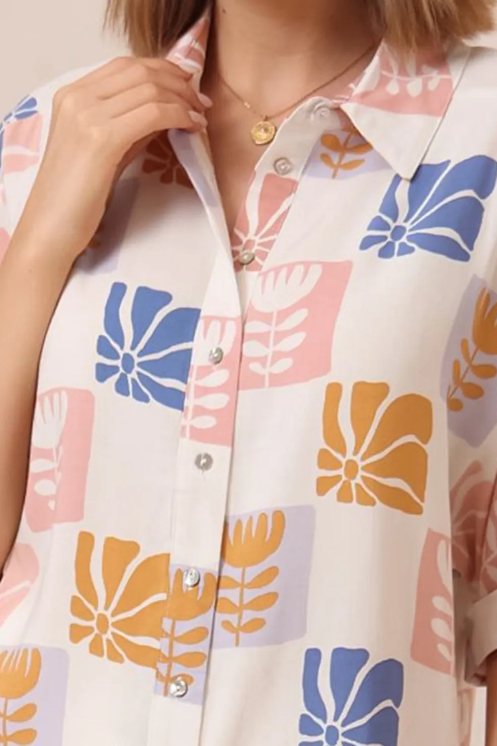 White Color Block Print Short Sleeve Shirt