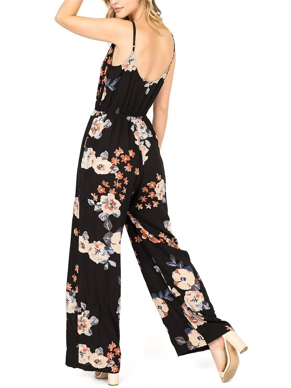 Black Floral Print Spaghetti - Strap Jumpsuit