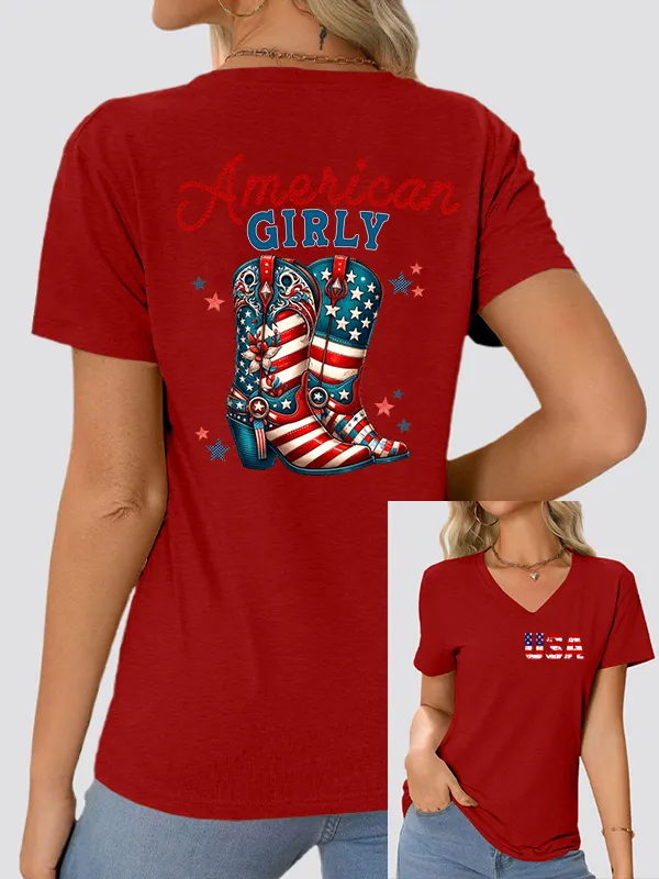 Woman'S America Girly V-Neck And Short Sleeves T-shirt
