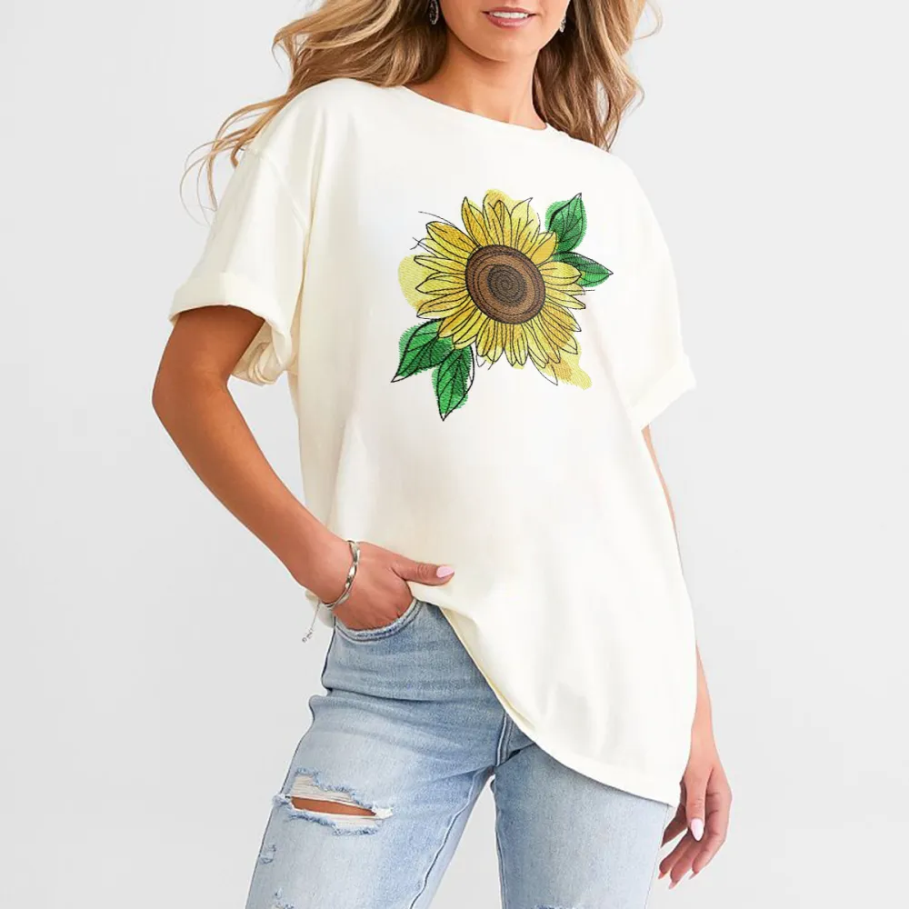 Hand Drawn Sunflower Flower Pattern Casual T-Shirt