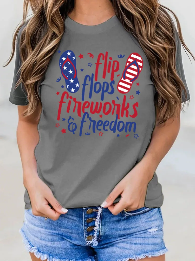 Flip Flops Fireworks Freedom Print Round-Neck Short-Sleeved T-Shirt