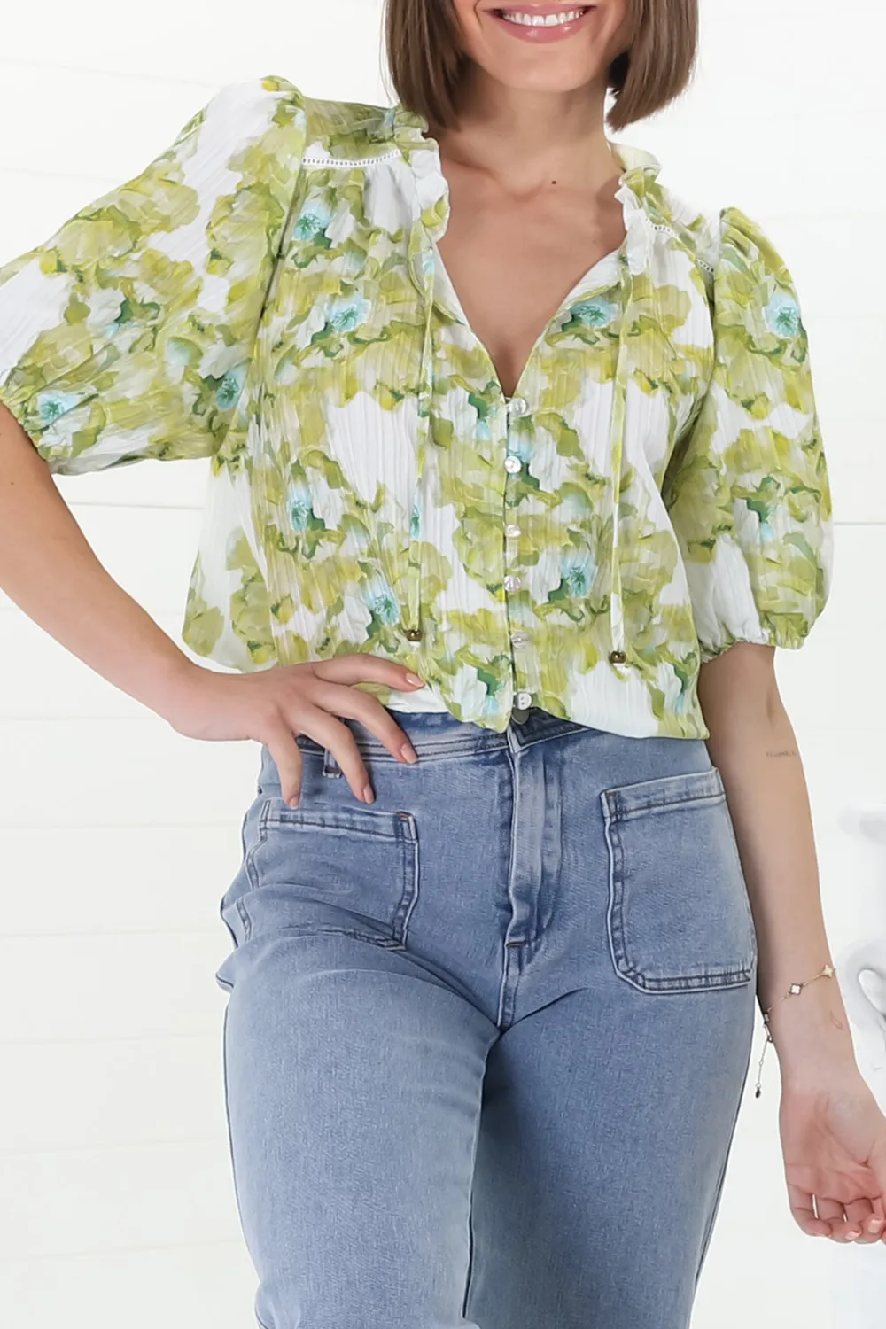 Green Floral Print Puff Sleeve V Neck Blouse