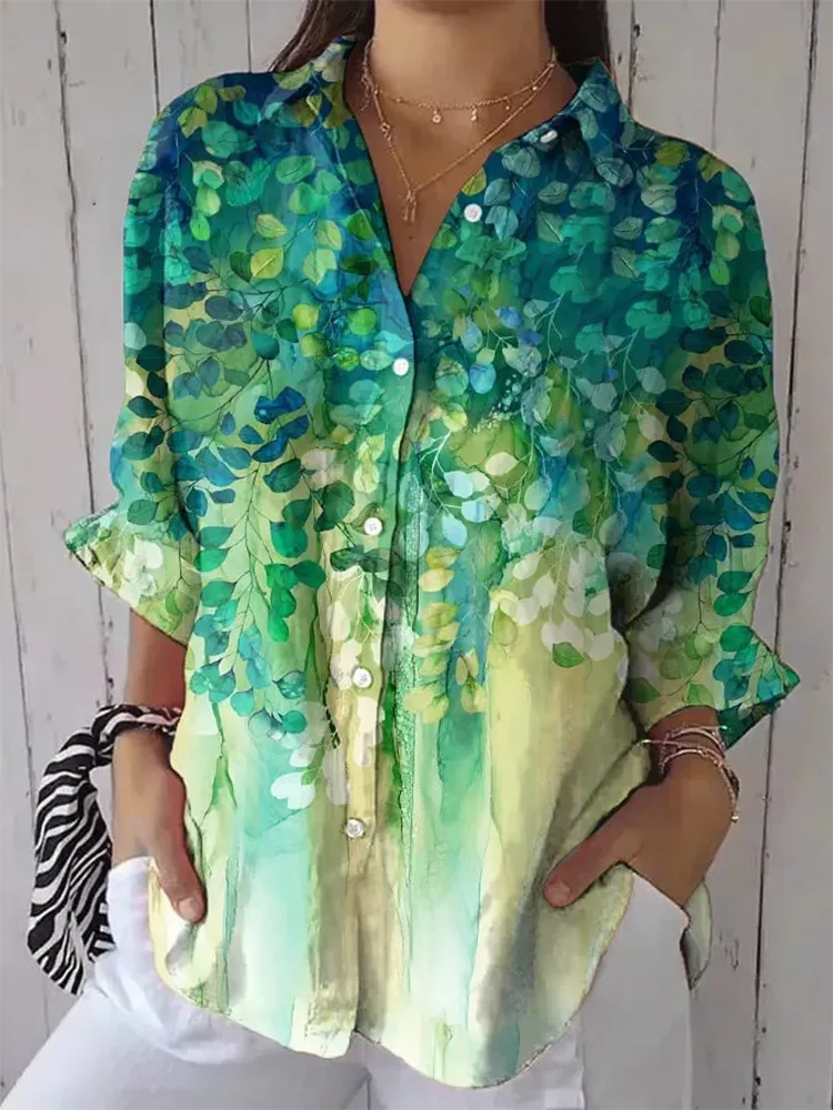 Women'S Leaf Printing Long-Sleeved Lapel Shirt