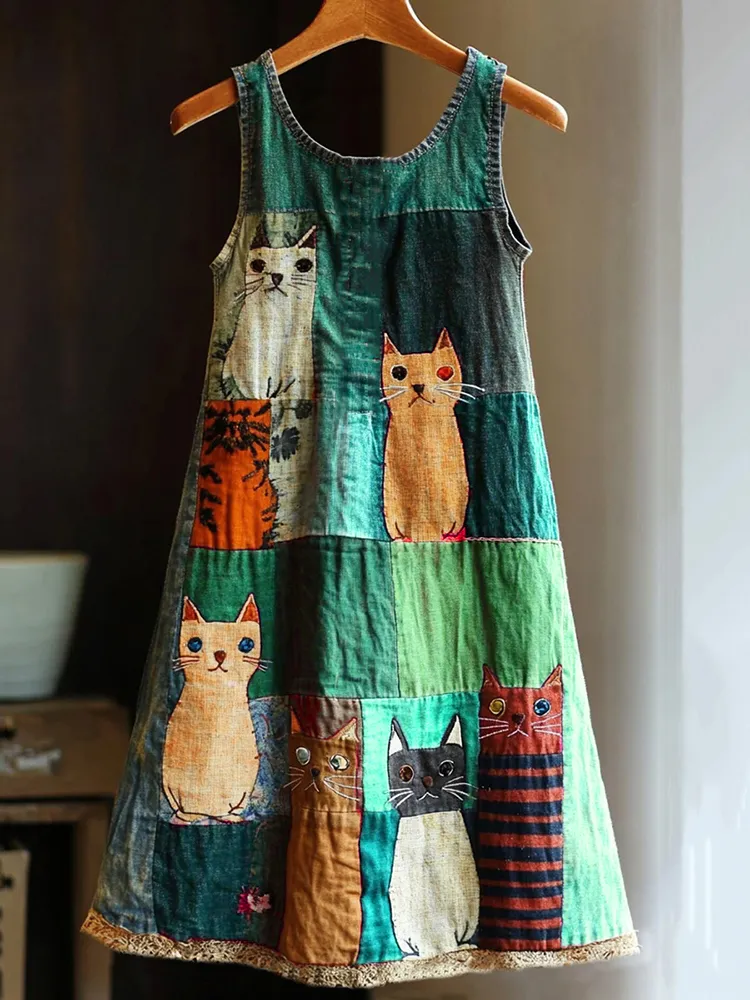 Casual Pop Art Patchwork Denim Cat Dress
