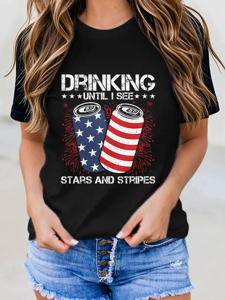 Woman'S Drinking Until I See Stars And Stripes Round-Neck Short-Sleeved T-Shirt