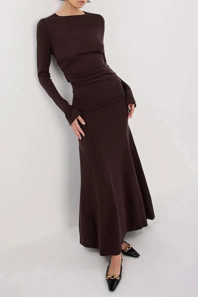 NICO BITTER CHOC MERINO MAXI SKIRT