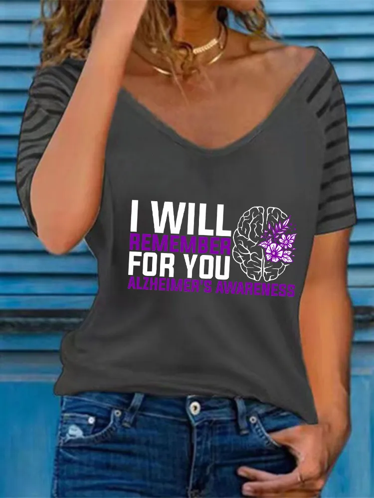 Women'S I Will Remember For You Alzheimer'S Awareness V-Neck Short-Sleeved T-Shirt