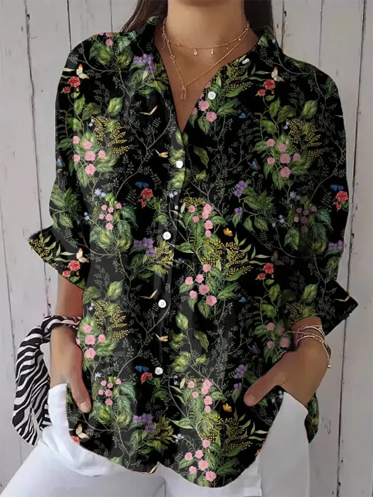 Women'S Long-Sleeved Lapel Shirt With Floral Prints