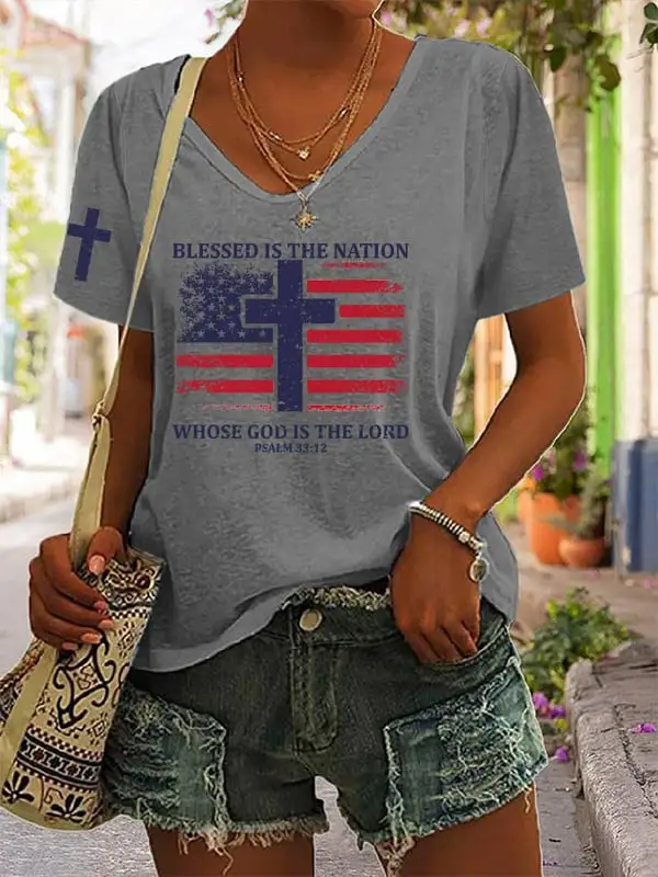 Woman'S Blessed Is The Nation Whose God Is The Lord Short-Sleeve V-Neck T-Shirt