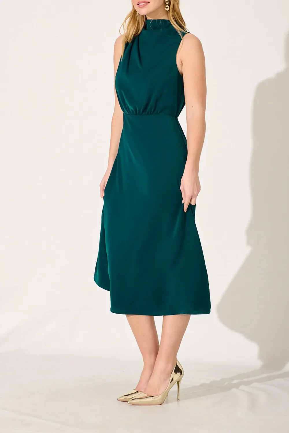 Dark Green Sleeveless Mock Neck Midi Dress