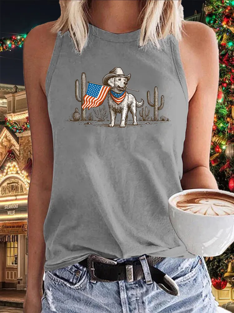 Women'S Independence Day Puppy National Flag Round-Neck Sleeveless Vest