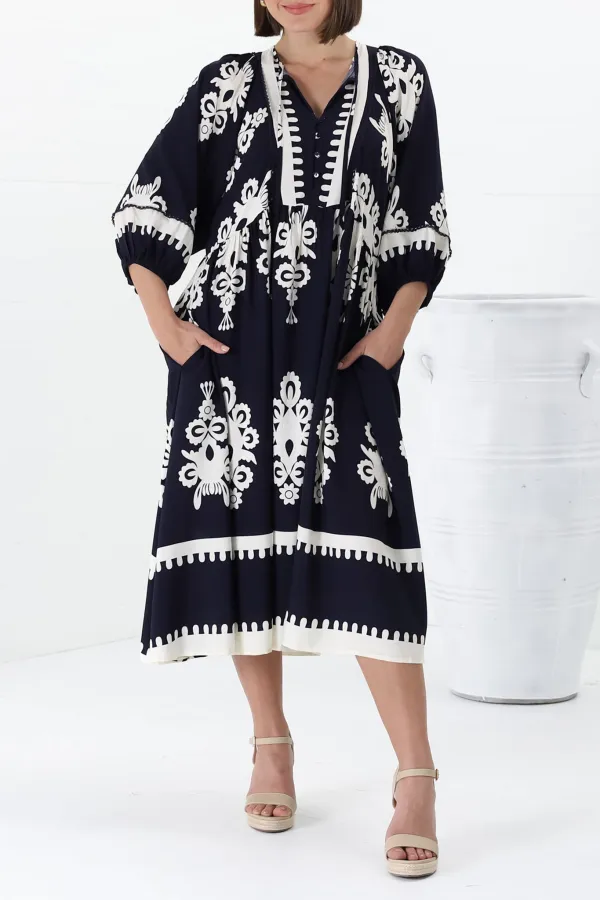 Navy Patterned Half Sleeve Midi Dress