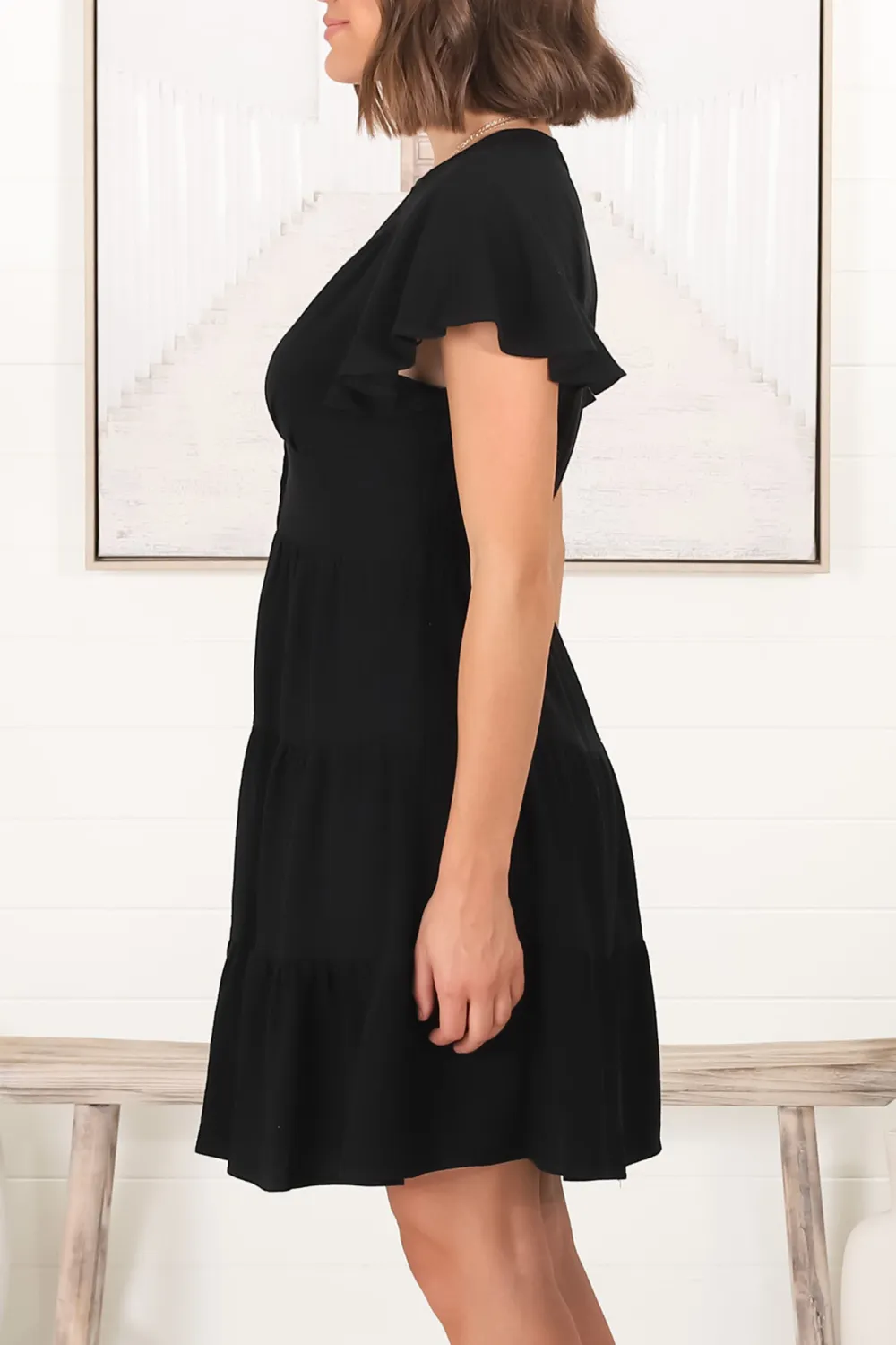 Black V Neck Button Front Ruffle Dress